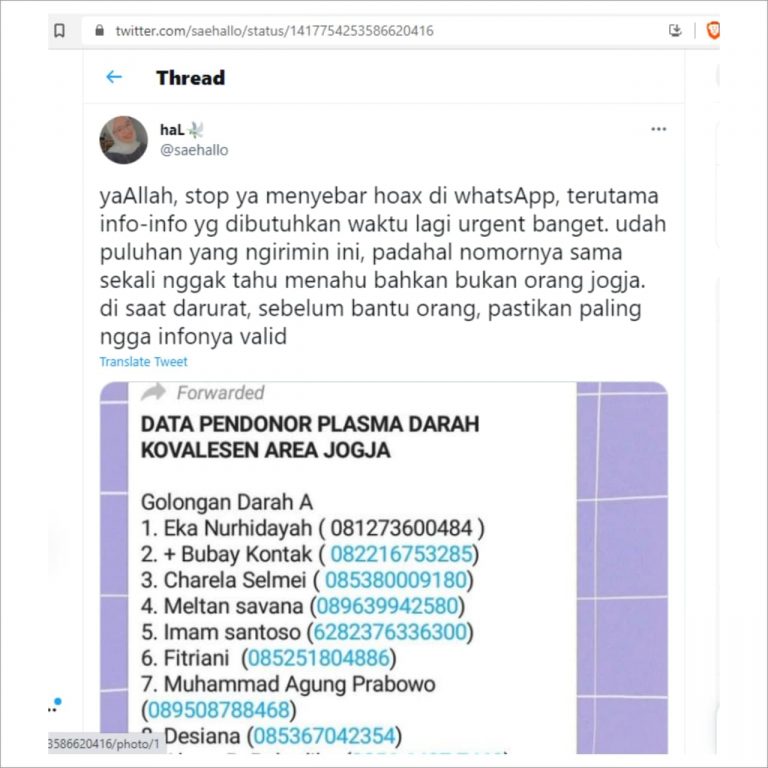 Respon salah satu pengguna akun Twitter di Yogyakarta yang namanya dicatut dalam donar plasma darah konvalesen di Yogyakarta. (Foto: Istimewa)