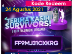Terima Kasih Survivors!, Kode Redeem FF 24 Agustus 2021 (FF9MJ31CXKRG) Garena FF Berikan Hadiah Khusus Atas Pencapaian 9M Followers