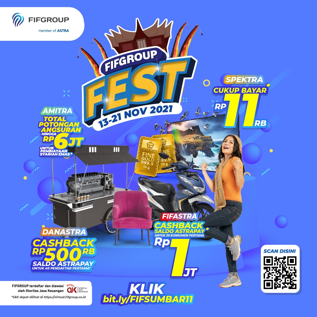 Di FIFGROUP FEST, berbagai macam promo dan hadiah yang menguntungkan dapat diraih, tidak hanya itu, FIFGROUP FEST memiliki tampilan virtual yang sangat menarik untuk memeriahkan perhelatan event promo yang dilakukan secara virtual di Sumatera Barat mulai tanggal 13 November hingga 21 November 2021.