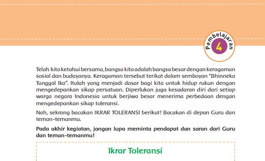 Kunci Jawaban Tema 7 Kelas 5 Halaman 211, Subtema 4: Karyaku Prestasiku, Pembelajaran 4, Ikrar Toleransi