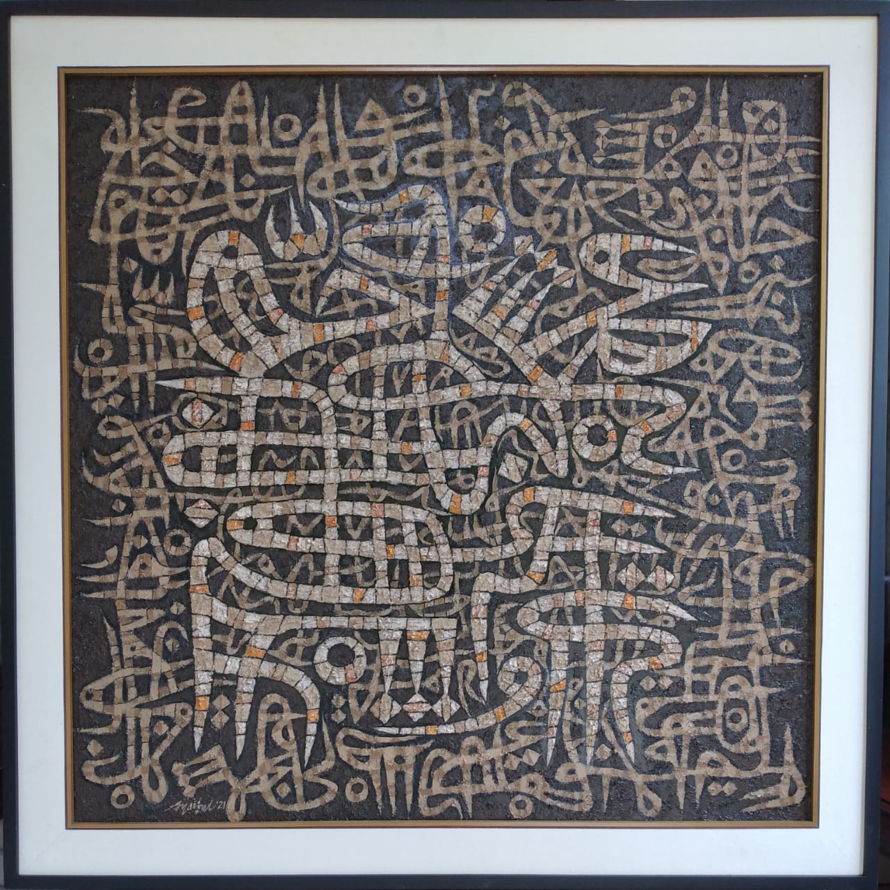 Salah satu Lukisan Syaiful Adnan. Dinamika Kaligrafi ,100 x 100 cm, Akrilik, 2021 – Foto : Muharyadi --