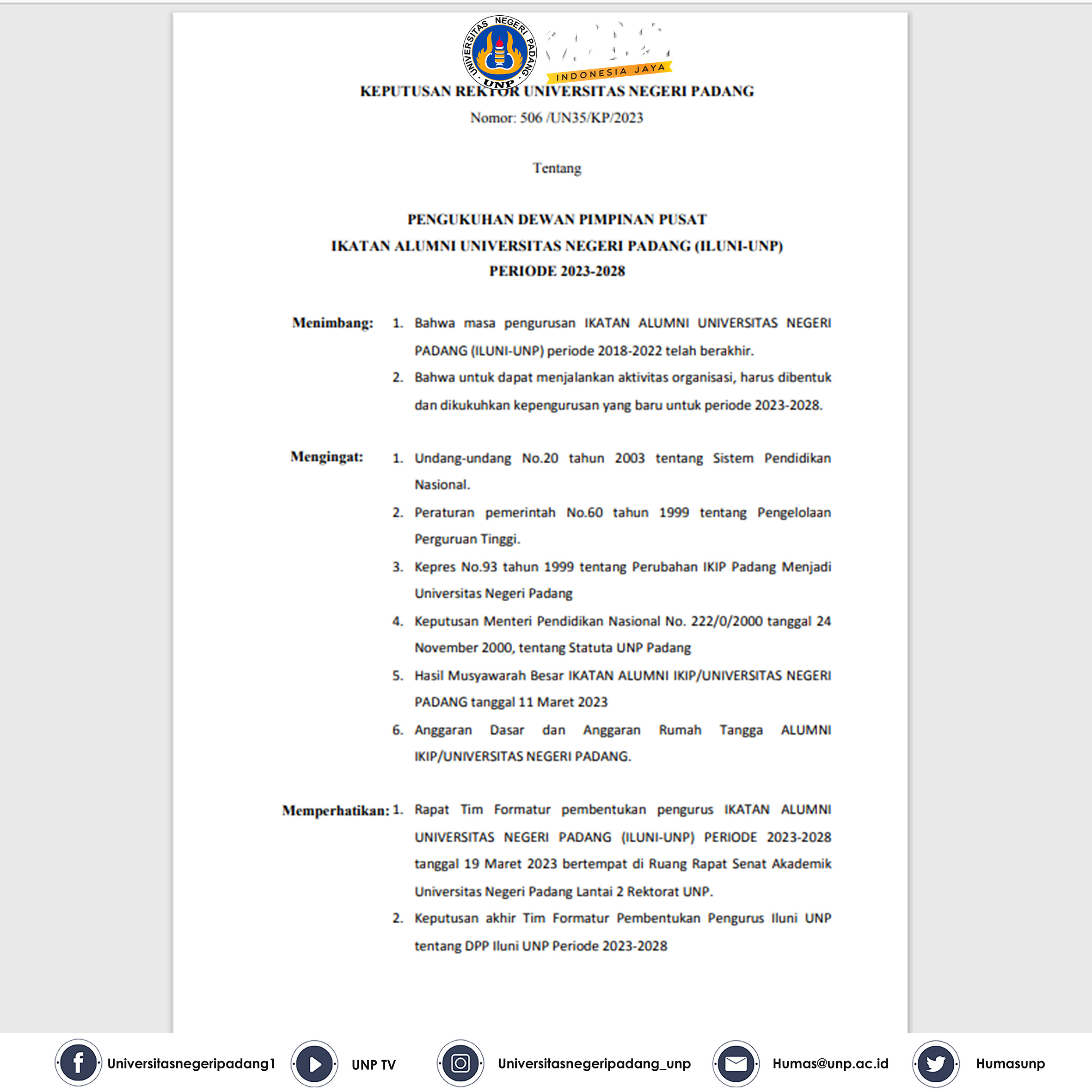 Surat Keputusan Dewan Pimpinan Pusat Ikatan Alumni Universitas Negeri Padang