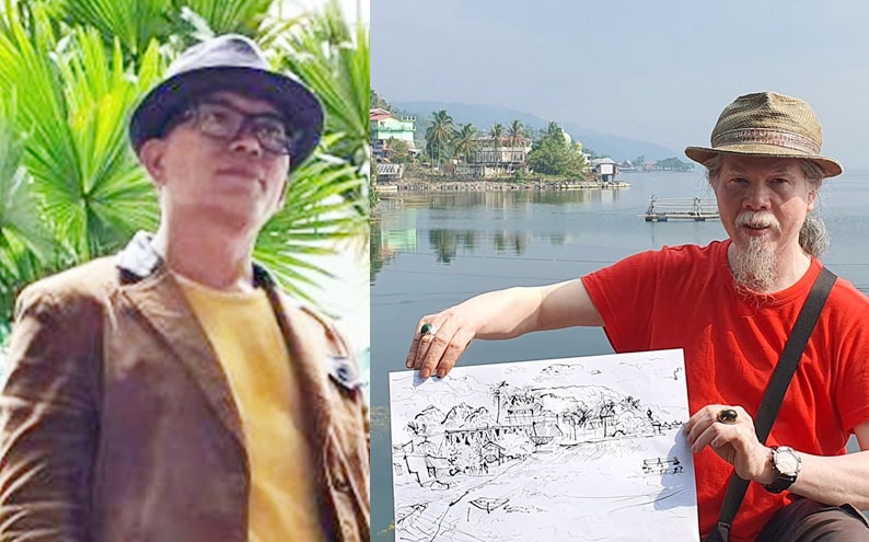 Ketua Komunitas Tambo Art Centre Sumbar Yon Indra (kiri) dan Anggota seniornya pelukis Hamzah