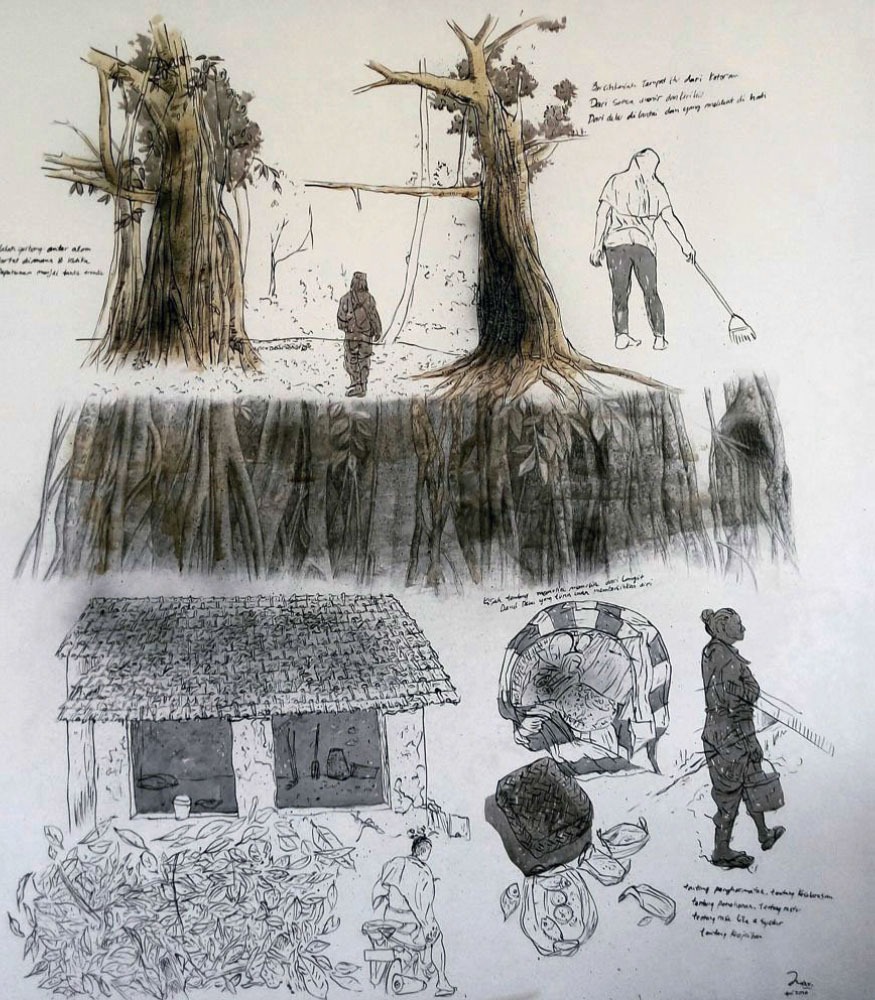 Tirai Portal, Tinta, Charcoal dan woodstein di kanvas 135 x 150 cm, 2020