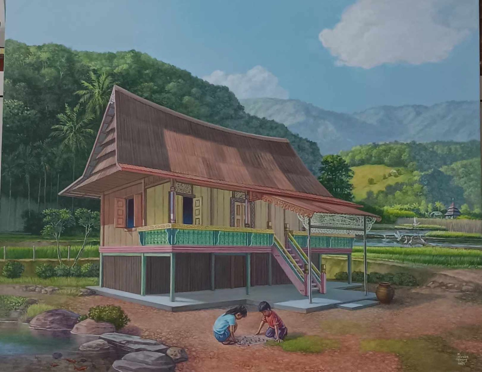 Salah satu bentuk visual Rumah Adat di Indonesia dalam bentuk lukisan koleksi Museum Adityawarman – Foto : Muharyadi –