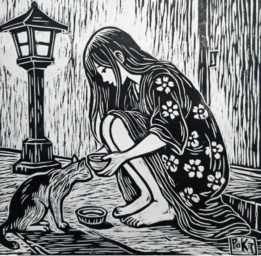 Taufiq, Loving, Hardboardcut Print On Paper, 30x31,5 cm, 2025