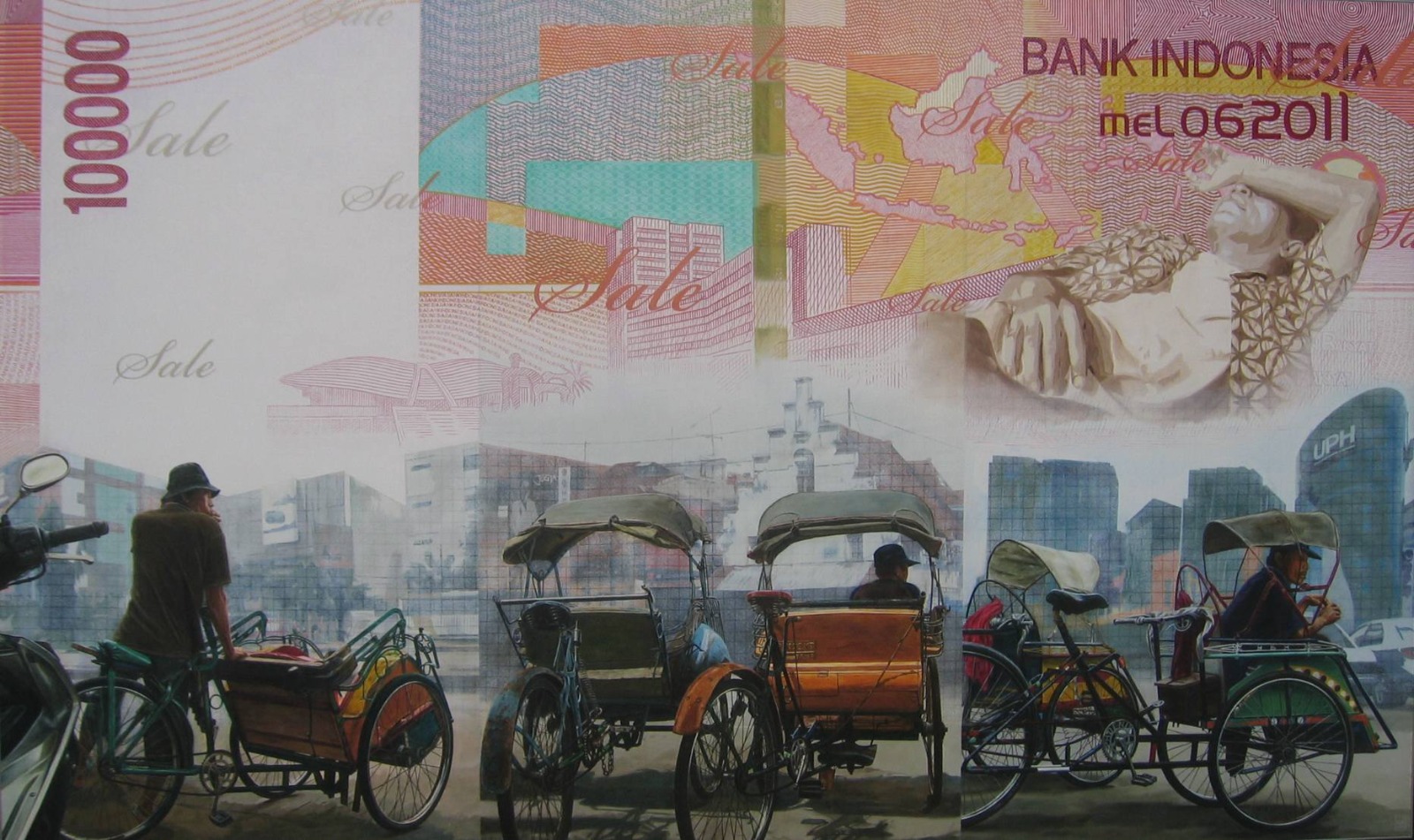 Kisah Tiga Kota Antara Harapan dan Kenyataan, 150 x 250 Cm, Cat minyak s, 2011