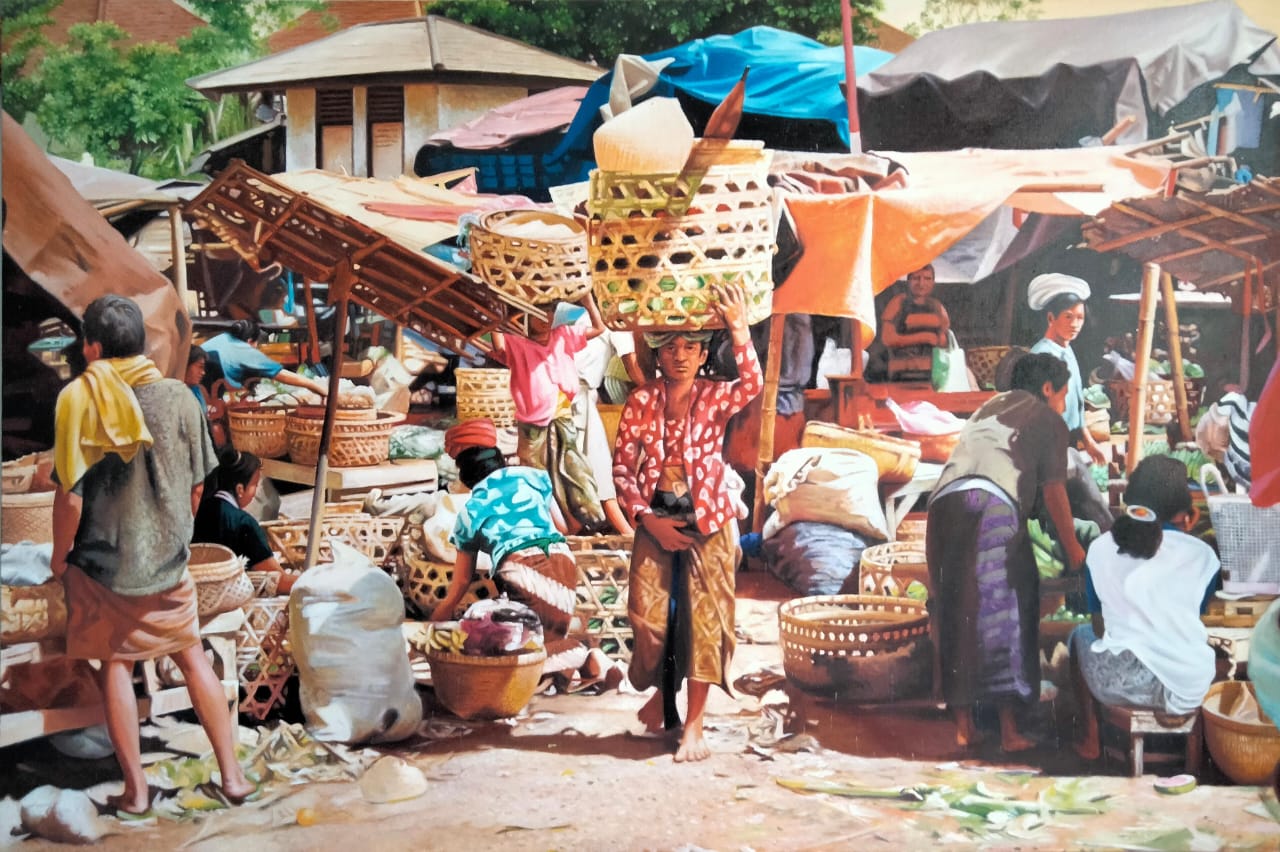 M. Andik Gus Black, The Scene at Traditional Market,106 x 60 cm, Oil on Canvas, 2025