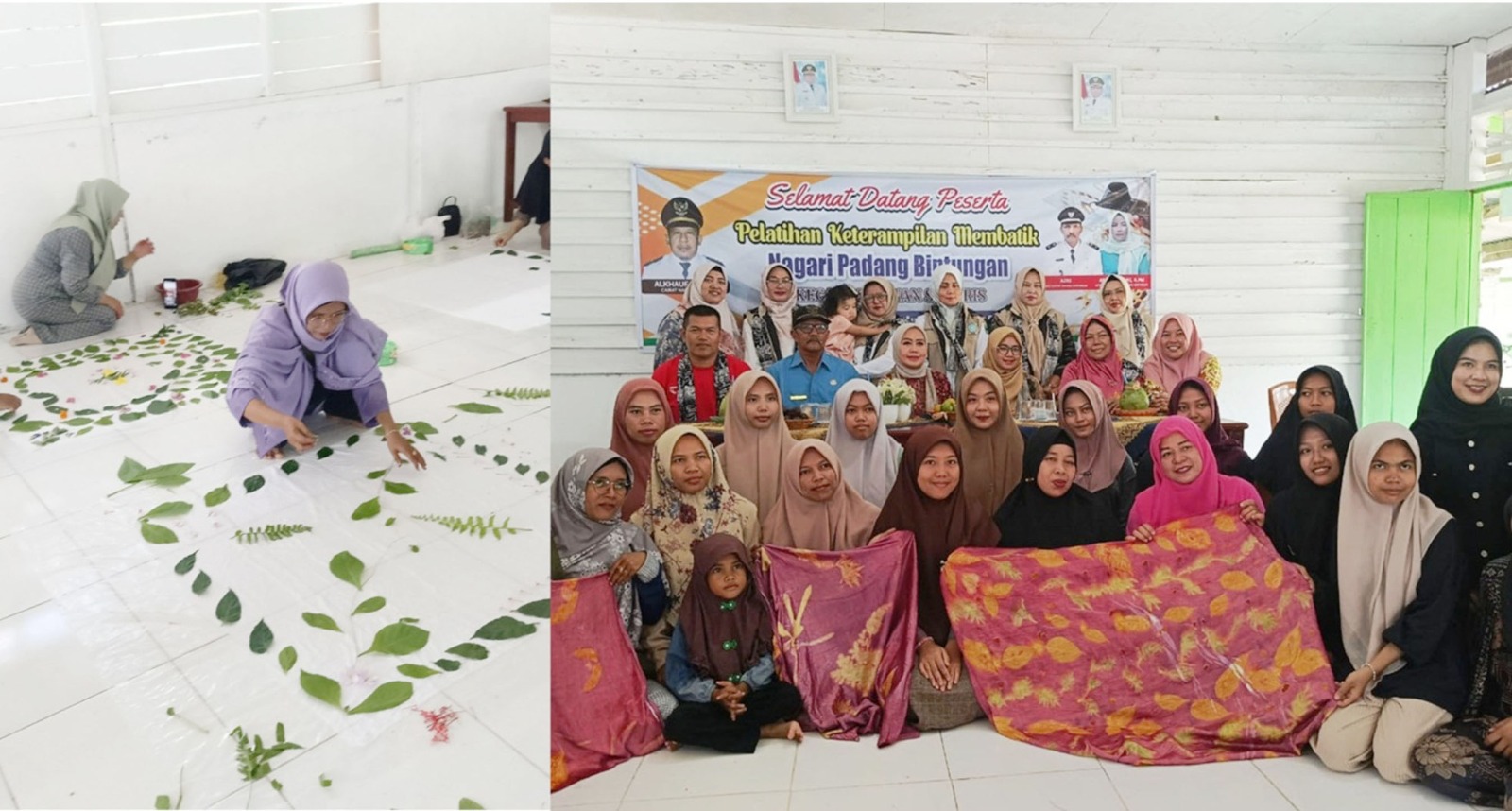 Proses Awal eco prin (kiri) dan sebagian  hasil jadi batik (kanan)