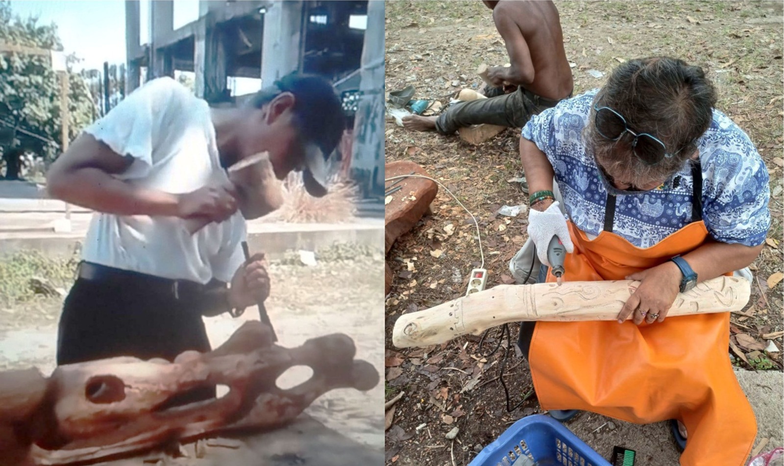 Ardim DT. Saripado (kiri) dan Anita Dikarina (kanan) tengah mengerjakan patung non figuratif berbahan kayu