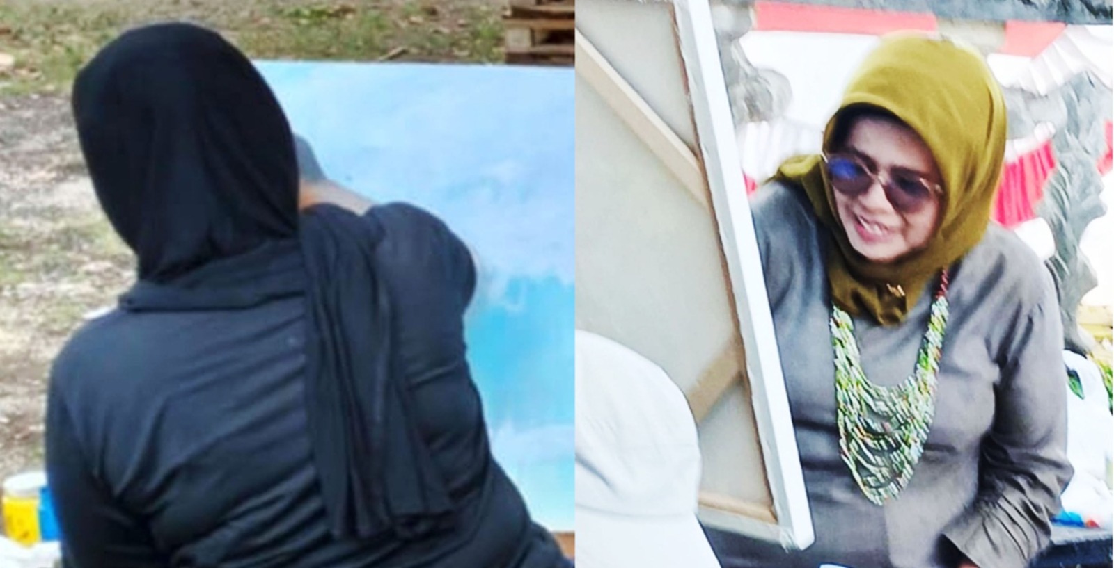 Pelukis Zaref Lina (kiri) dan Prof. Dr. Farida Mayar, M.Pd (kanan) diantara perupa wanita 