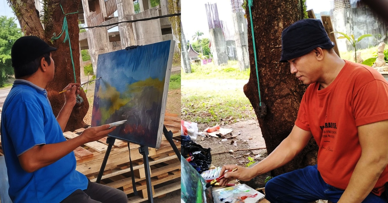 Perupa Trikora dan Elvis tengah melukis dengan obyek berbeda