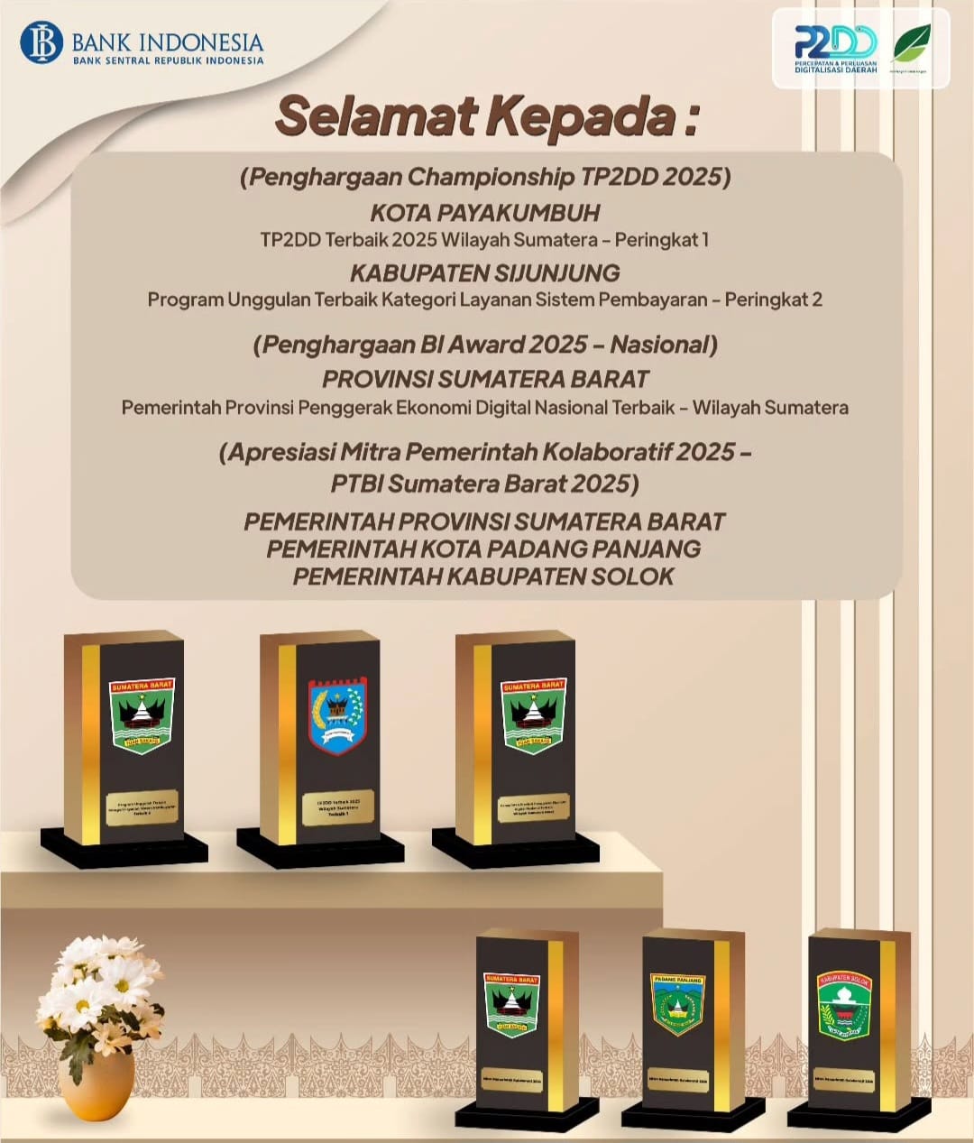 Pemprov Sumbar Raih Apresiasi Bank Indonesia Award