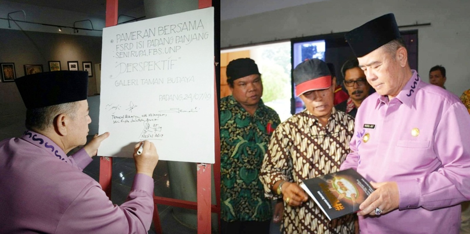 Nasrul Abit saat menghadiri dan menandatangani pameran bersama Seni Rupa, FBS, UNP Padang dengan Fakultas Seni Rupa fan Desain (FSRD) Institut Seni Indonesia (ISI) Padangpanjang, 2019 silam. – Foto Yasrul Sami Batubara –