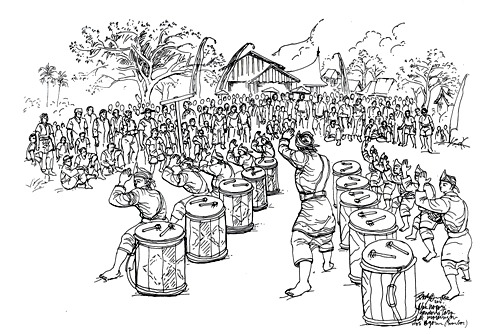 Sketsa Gandang Tasa Bayua Maninjau, Kab. Agam dan Silek  Galombang, tinta di atas kertas, 2016 karya Body Dharma