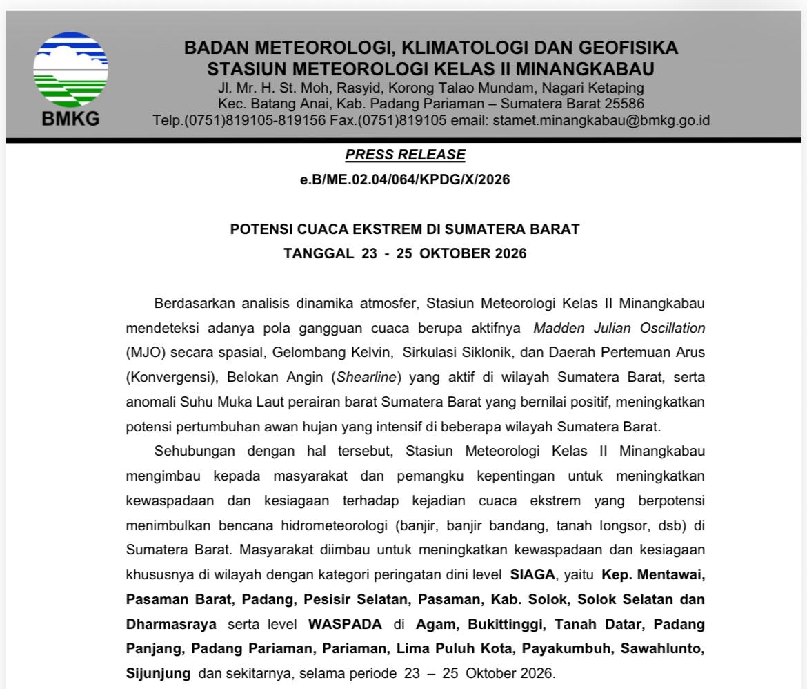 BMKG Keluarkan Peringatan Dini Cuaca Ekstrem, Gubernur Mahyeldi Ansharullah Imbau Warga Waspada
