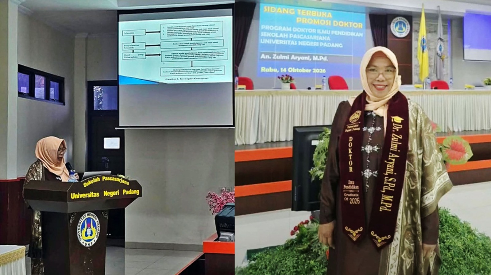 Dr. Zulmi Aryani, M.Pd saat menyampaikan disertasinya dalam sidang terbuka Promosi Doktor Ilmu Pendidikan Sekolah Pascasarjana UNP, di Aula Sekolah Pascasarjana UNP Padang, Rabu lalu (14/10/26), kiri dan usai sidang (kanan).